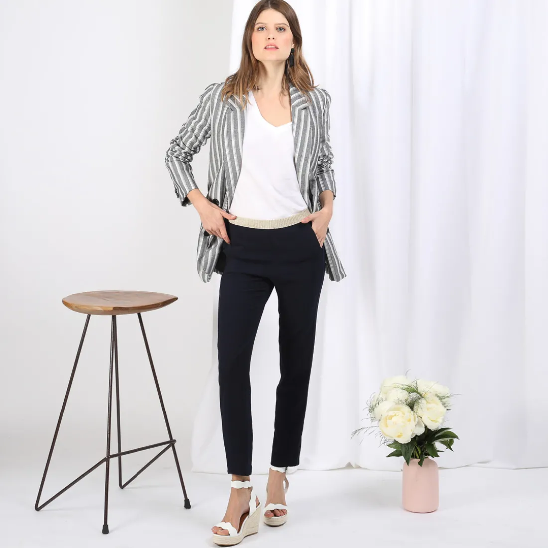 Pantalon fluide marine élastique doré Charly