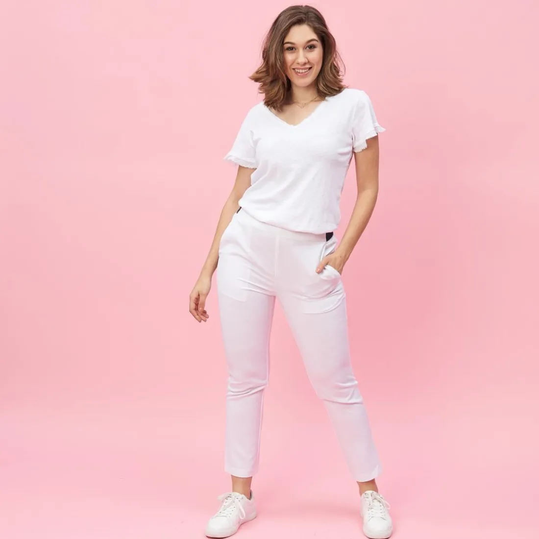 Pantalon élastique coupe 5 poches femme - ÉCRU blanc