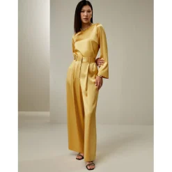 Pantalon palazzo à taille haute en soie jaune moutarde