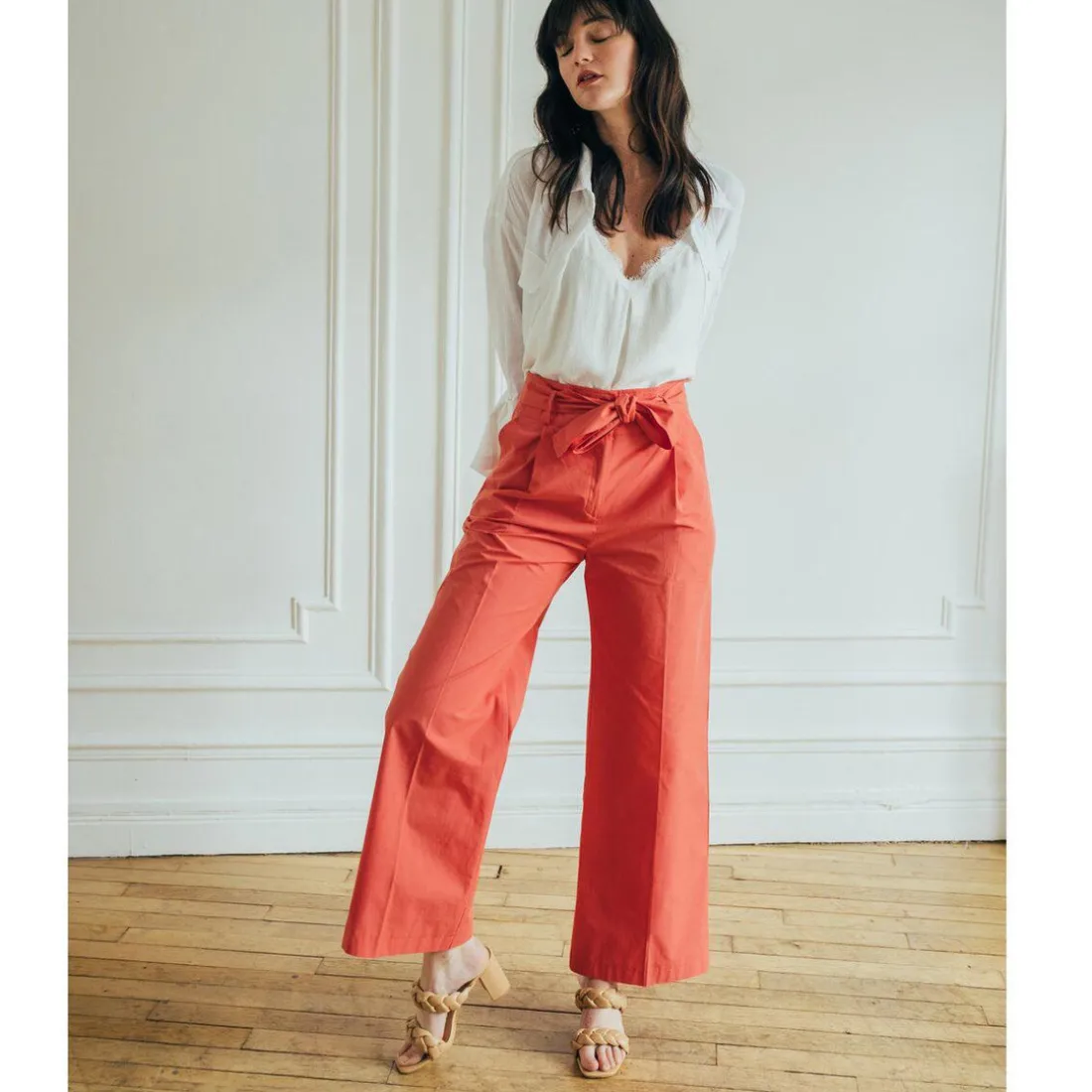 Pantalon paperbag ceinturé Joe Réédition en coton rose