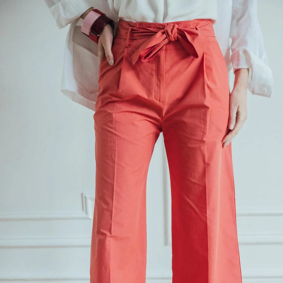 Pantalon paperbag ceinturé Joe Réédition en coton rose