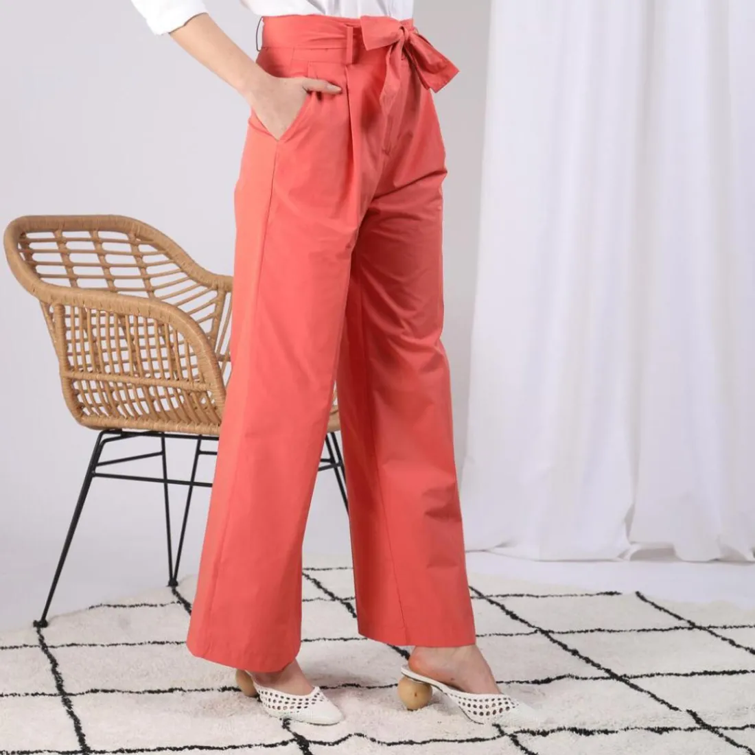 Pantalon paperbag ceinturé Joe Réédition en coton rose
