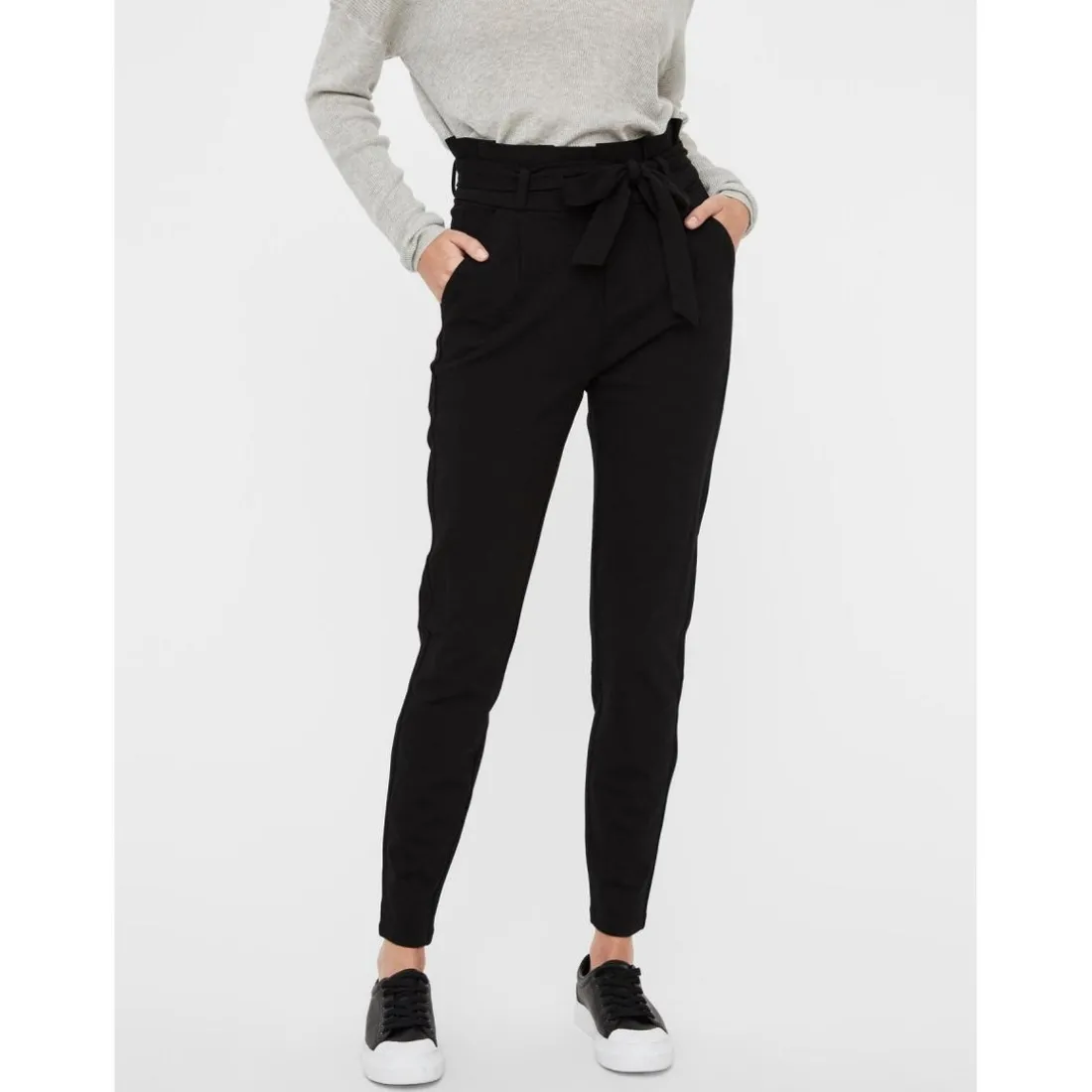 Pantalon paperbag Loose Fit Taille haute Pleine longueur noir en viscose