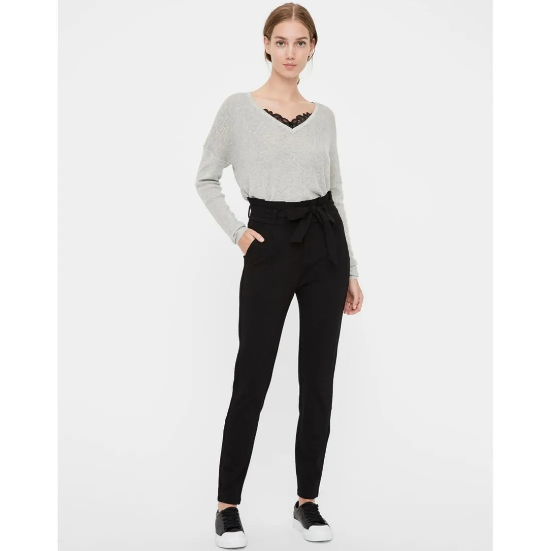 Pantalon paperbag Loose Fit Taille haute Pleine longueur noir en viscose
