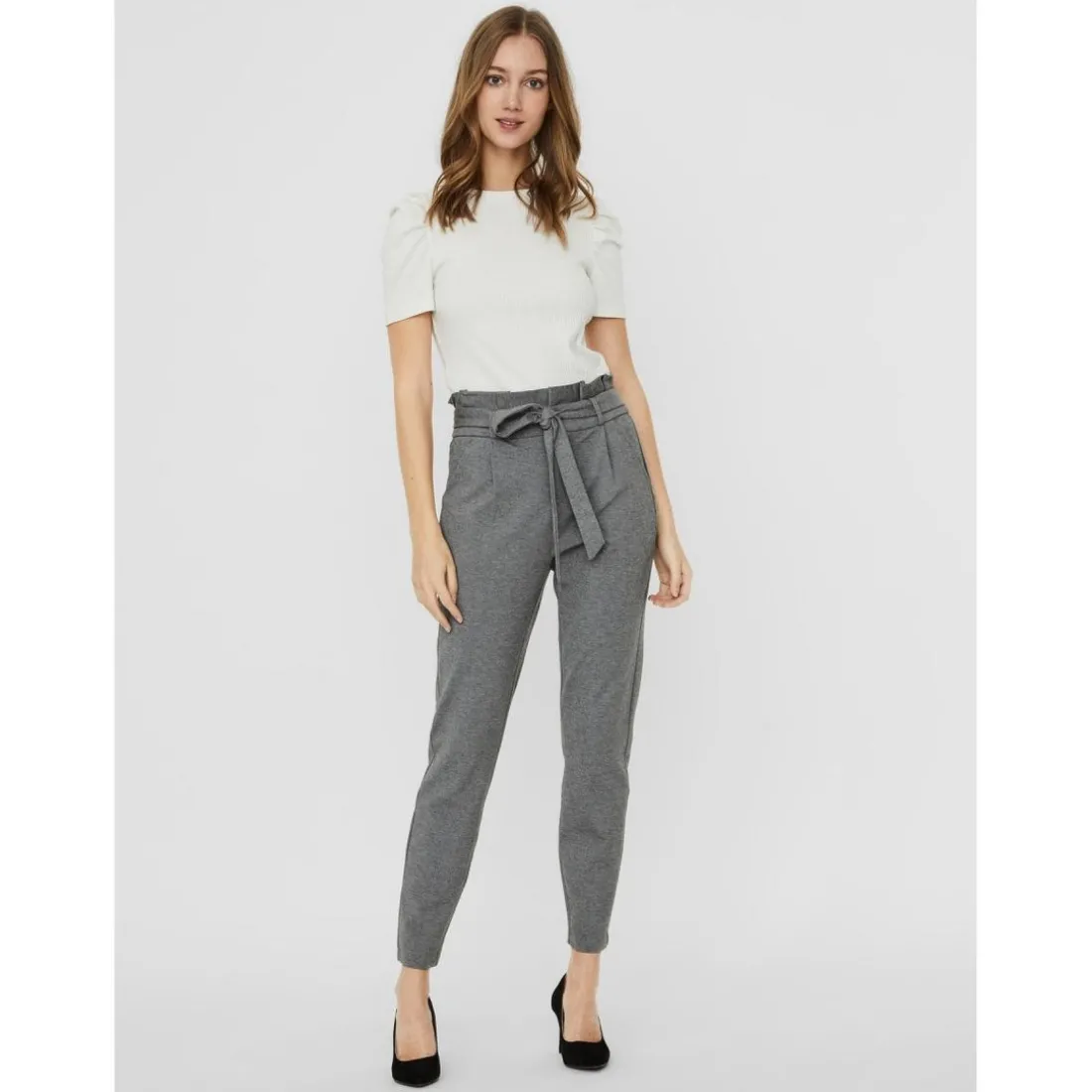 Pantalon paperbag Loose Fit Taille haute Pleine longueur gris en viscose