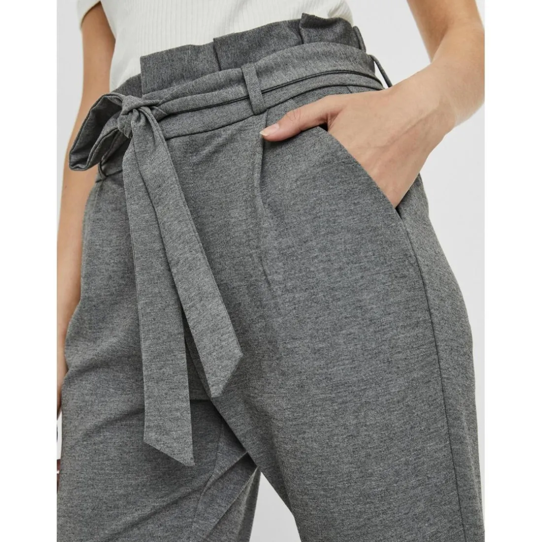 Pantalon paperbag Loose Fit Taille haute Pleine longueur gris en viscose