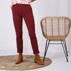 Pantalon poches et pinces femme - Rouge Grenat en coton