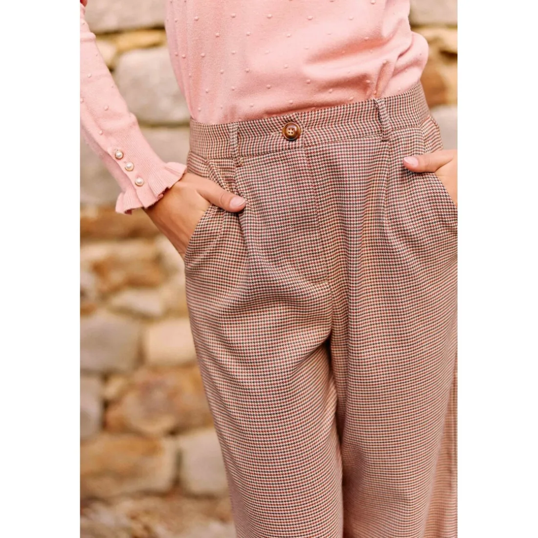 Pantalon POTRIA pied de poule beige