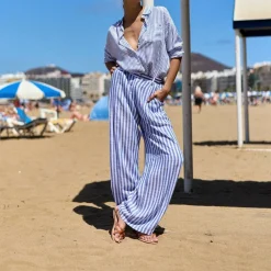 Pantalon POZO ecru/bleu en viscose
