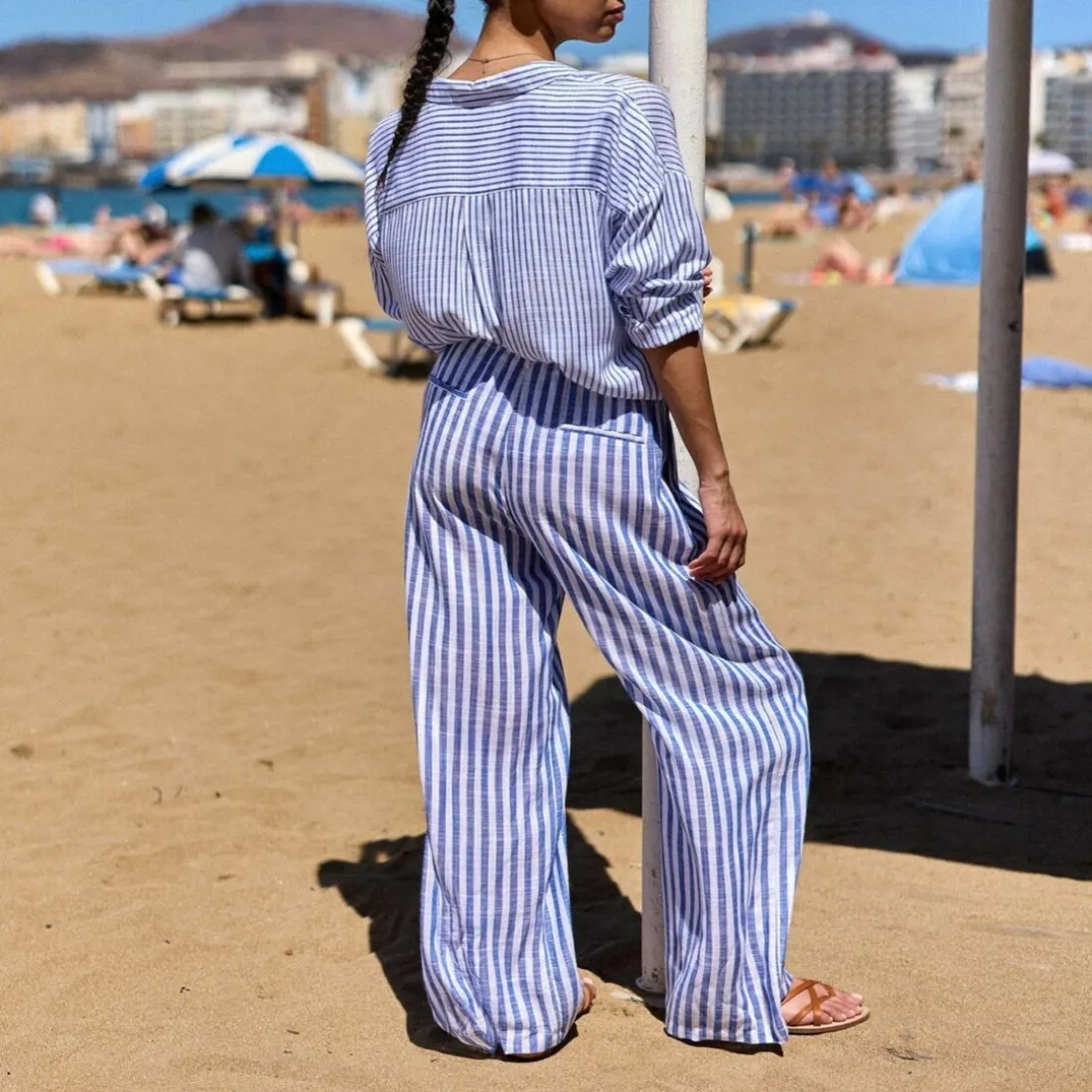 Pantalon POZO ecru/bleu en viscose