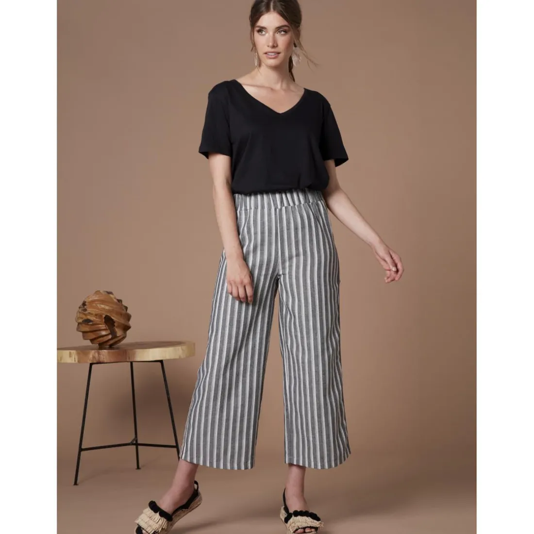 Pantalon rayé jacquard tissu avec lin noir