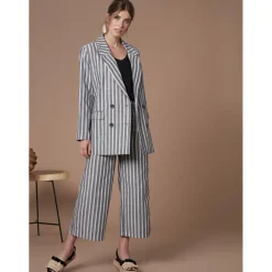 Pantalon rayé jacquard tissu avec lin noir