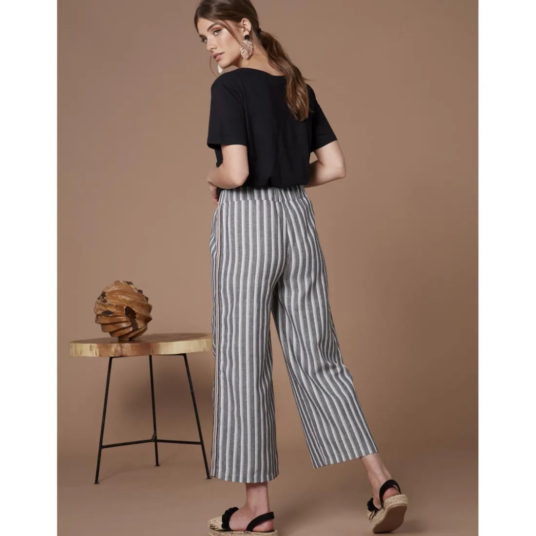 Pantalon rayé jacquard tissu avec lin noir