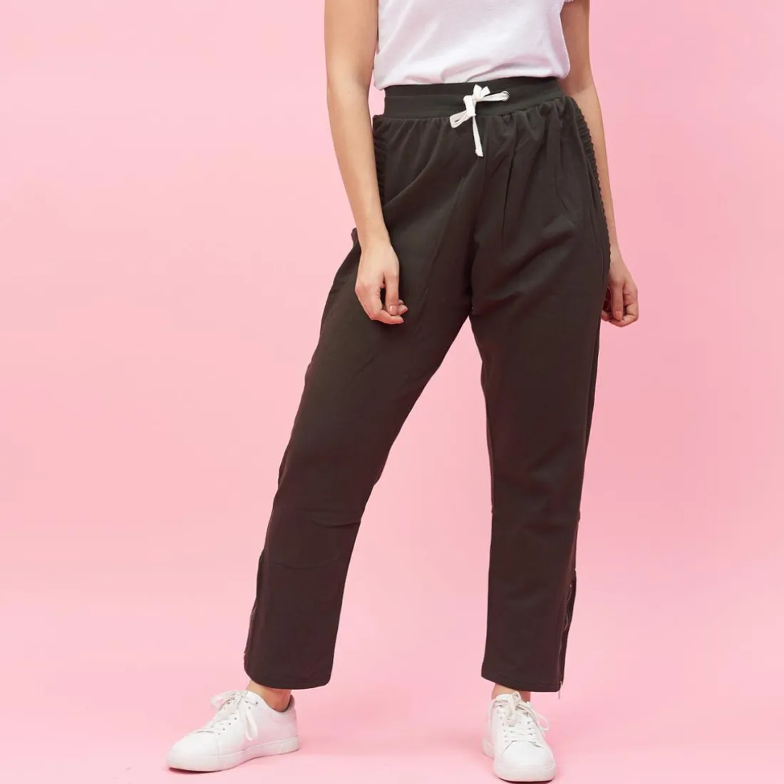 Pantalon taille en côtes élastiques bas zippés grandes taille femme - Vert Foncé