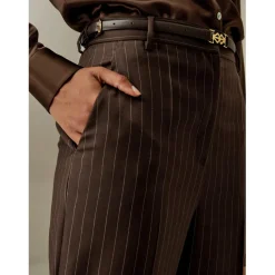 Pantalon taille haute à fines rayures café en soie