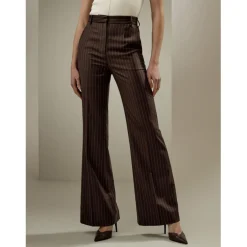 Pantalon taille haute à fines rayures café en soie