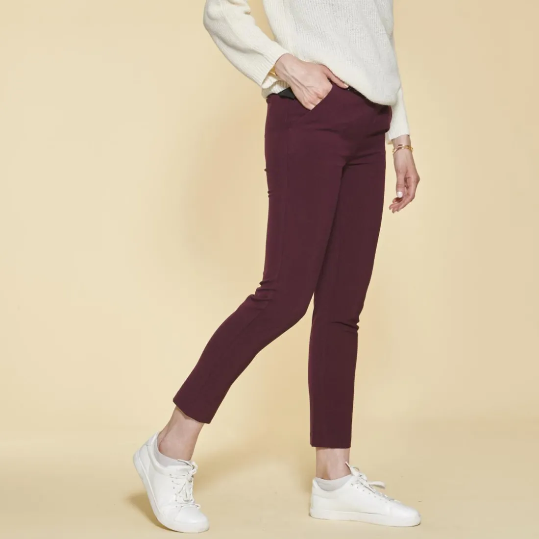Pantalon taille élastique et pinces dos femme - Lie De Vin rouge
