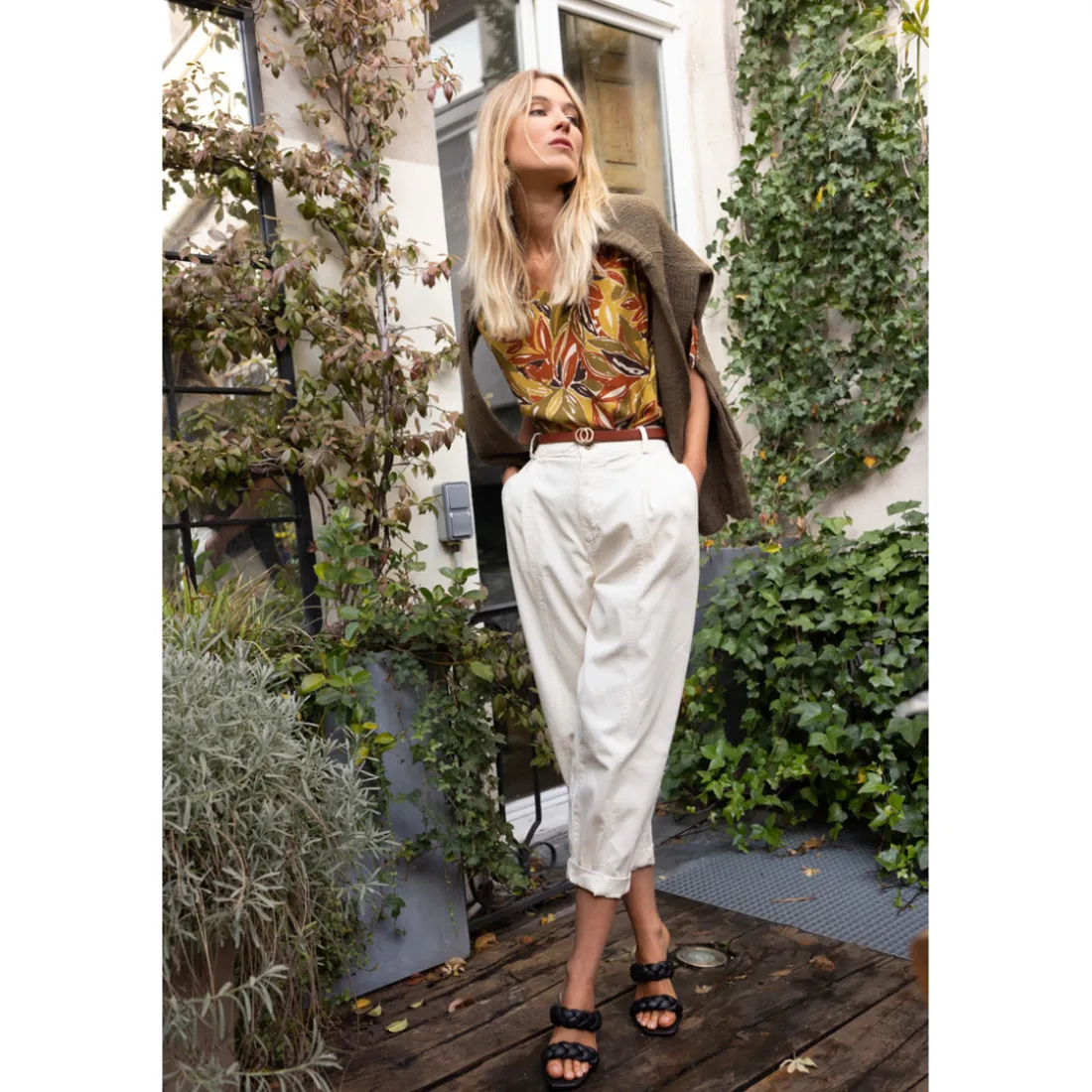 Pantalon twill carotte avec ceinture Luna en coton beige