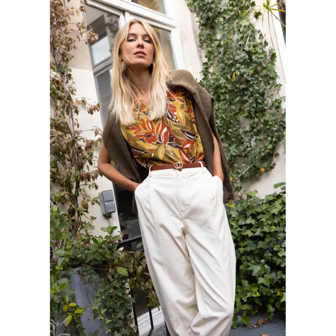 Pantalon twill carotte avec ceinture Luna en coton beige