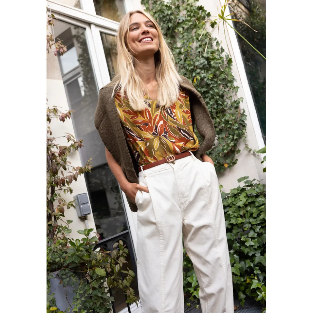 Pantalon twill carotte avec ceinture Luna en coton beige
