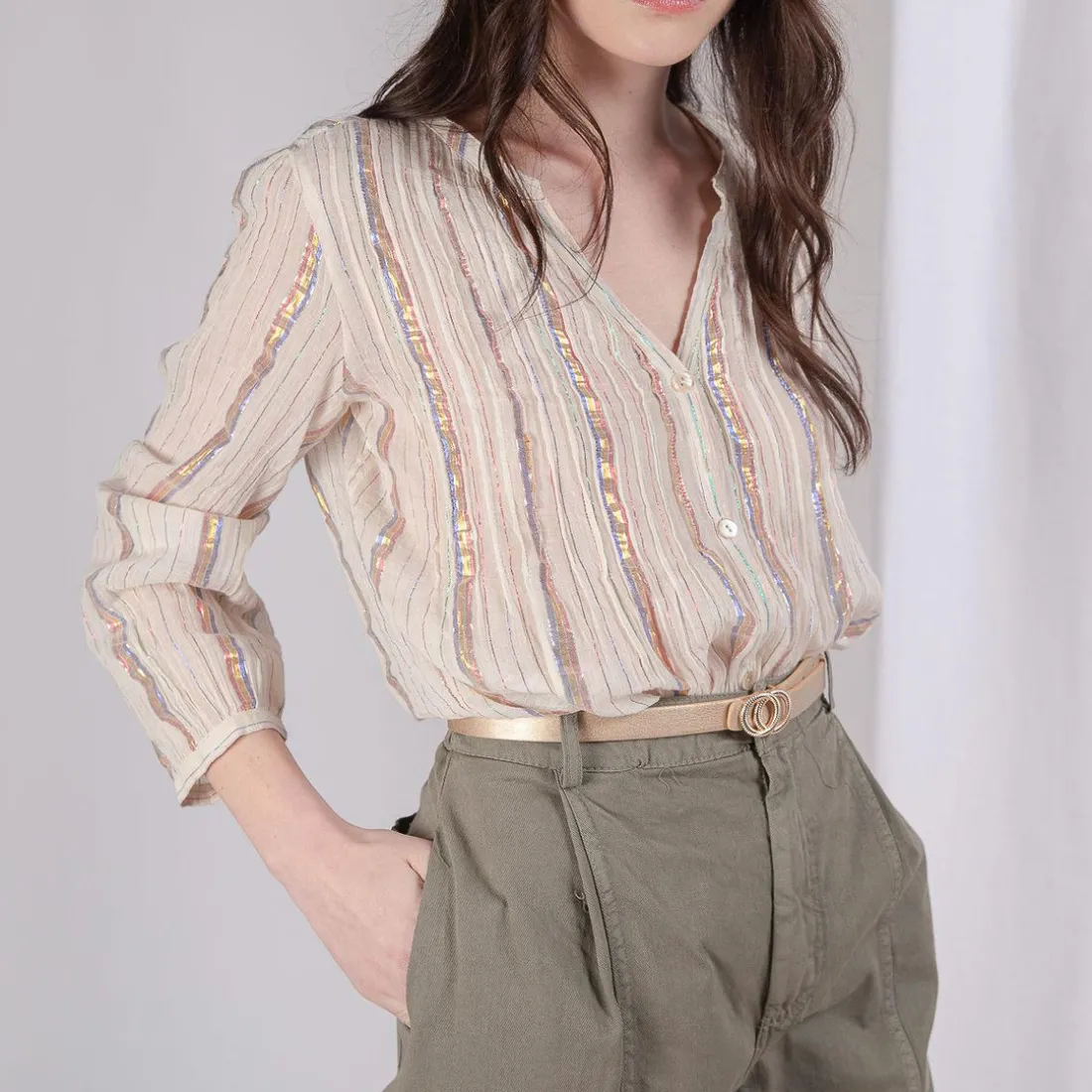 Pantalon twill carotte avec ceinture Luna en coton kaki