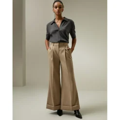 Pantalon évasé court rétro chameau en soie