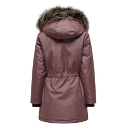 Parka long capuche avec bord en fausse fourrure détachable rose foncé Dina