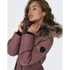 Parka long capuche avec bord en fausse fourrure détachable rose foncé Dina