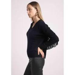 Pull ample col V franges JULIA en cachemire noir