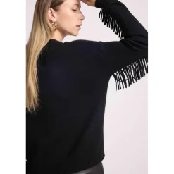 Pull ample col V franges JULIA en cachemire noir