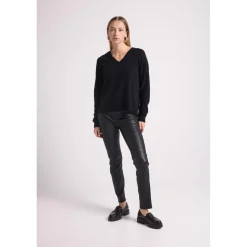 Pull ample col V franges JULIA en cachemire noir
