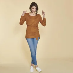 Pull asymétrique col bateau manches longues et ceinture femme - Marron en viscose