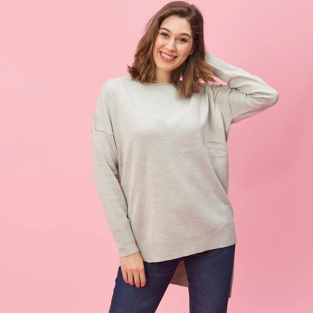 Pull asymétrique dos en pointe aspect chiné grandes tailles femme - gris chiné