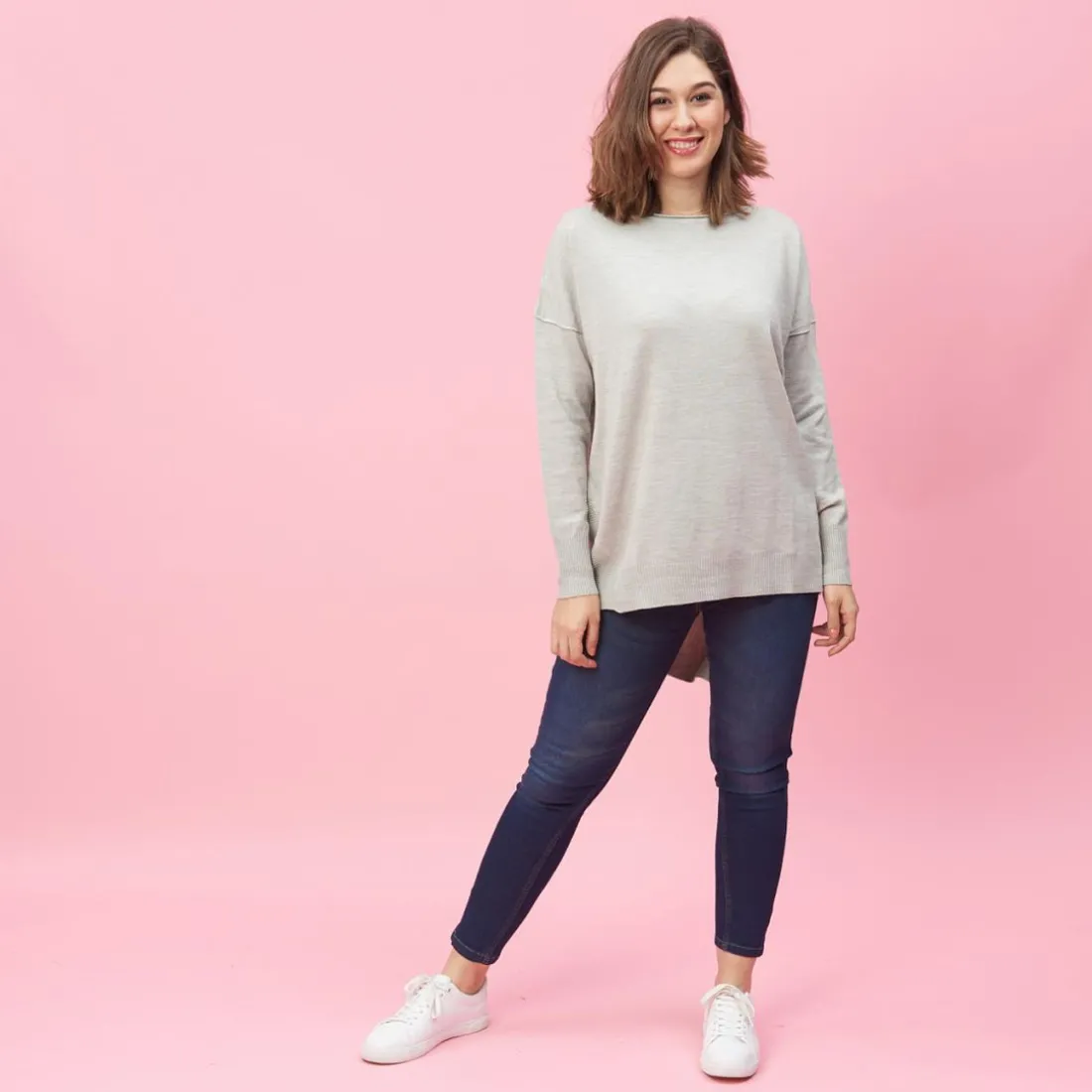 Pull asymétrique dos en pointe aspect chiné grandes tailles femme - gris chiné