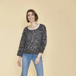 Pull asymétrique manches longues aspect mohair femme - Gris
