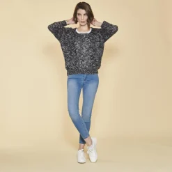 Pull asymétrique manches longues aspect mohair femme - Gris
