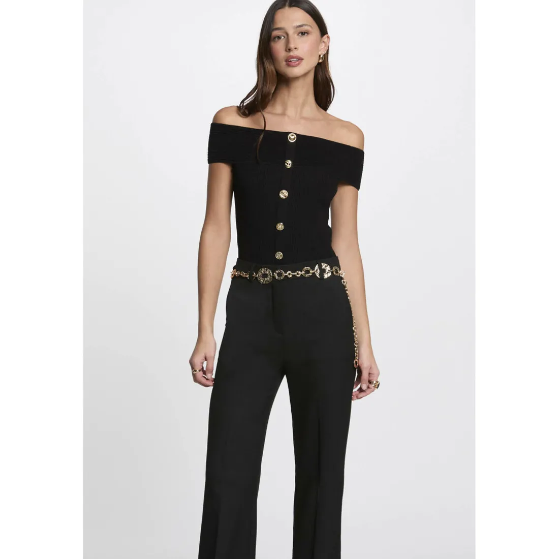 PULL BANDEAU BOUTONS BIJOUX noir