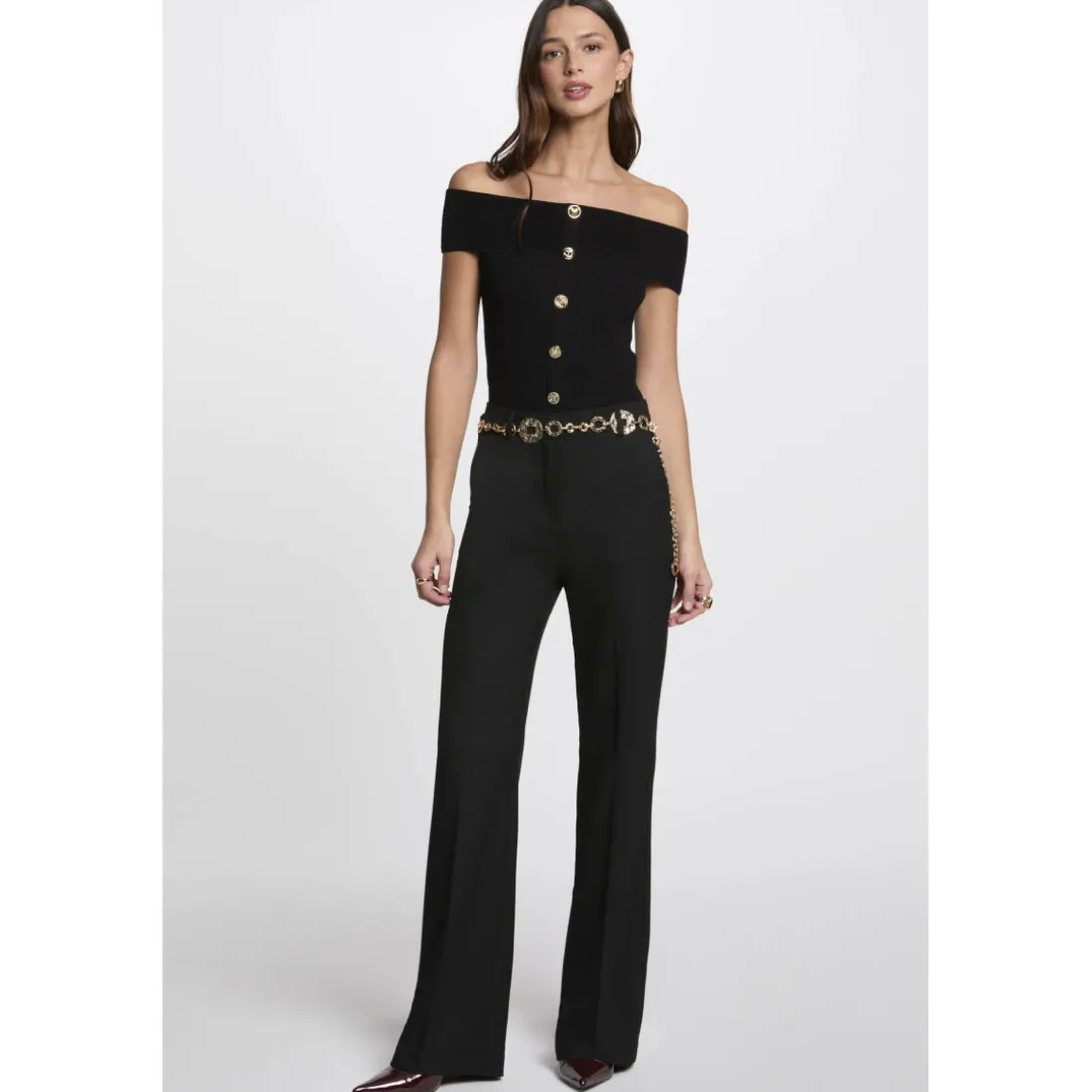 PULL BANDEAU BOUTONS BIJOUX noir