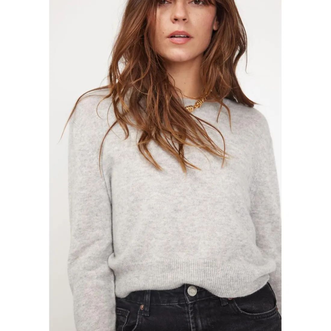 Pull boxy col rond femme ZIA en cachemire gris perle