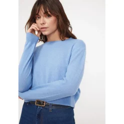 Pull boxy col rond femme ZIA en cachemire bleu ciel