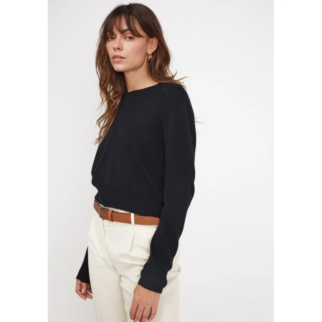 Pull boxy col rond femme ZIA en cachemire noir