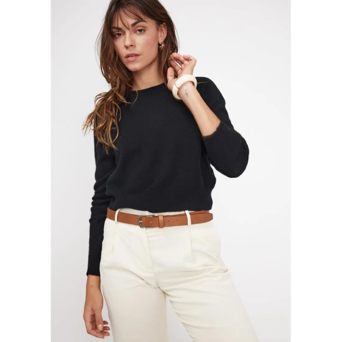 Pull boxy col rond femme ZIA en cachemire noir