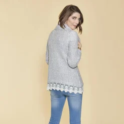 Pull col à revers manches longues dentelle sur bas femme - Bleu Ciel