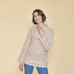 Pull col à revers manches longues dentelle sur bas femme - Rose Clair