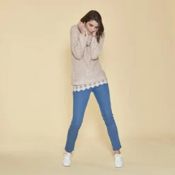 Pull col à revers manches longues dentelle sur bas femme - Rose Clair