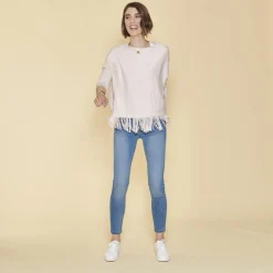 Pull col bateau manches longues franges sur bas femme - Peau beige