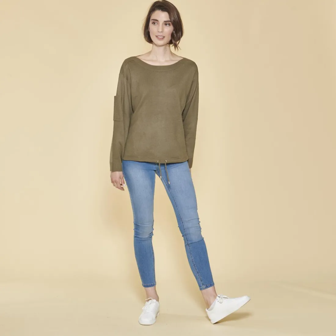 Pull col bateau manches longues cordon de serrage sur bas femme - Kaki