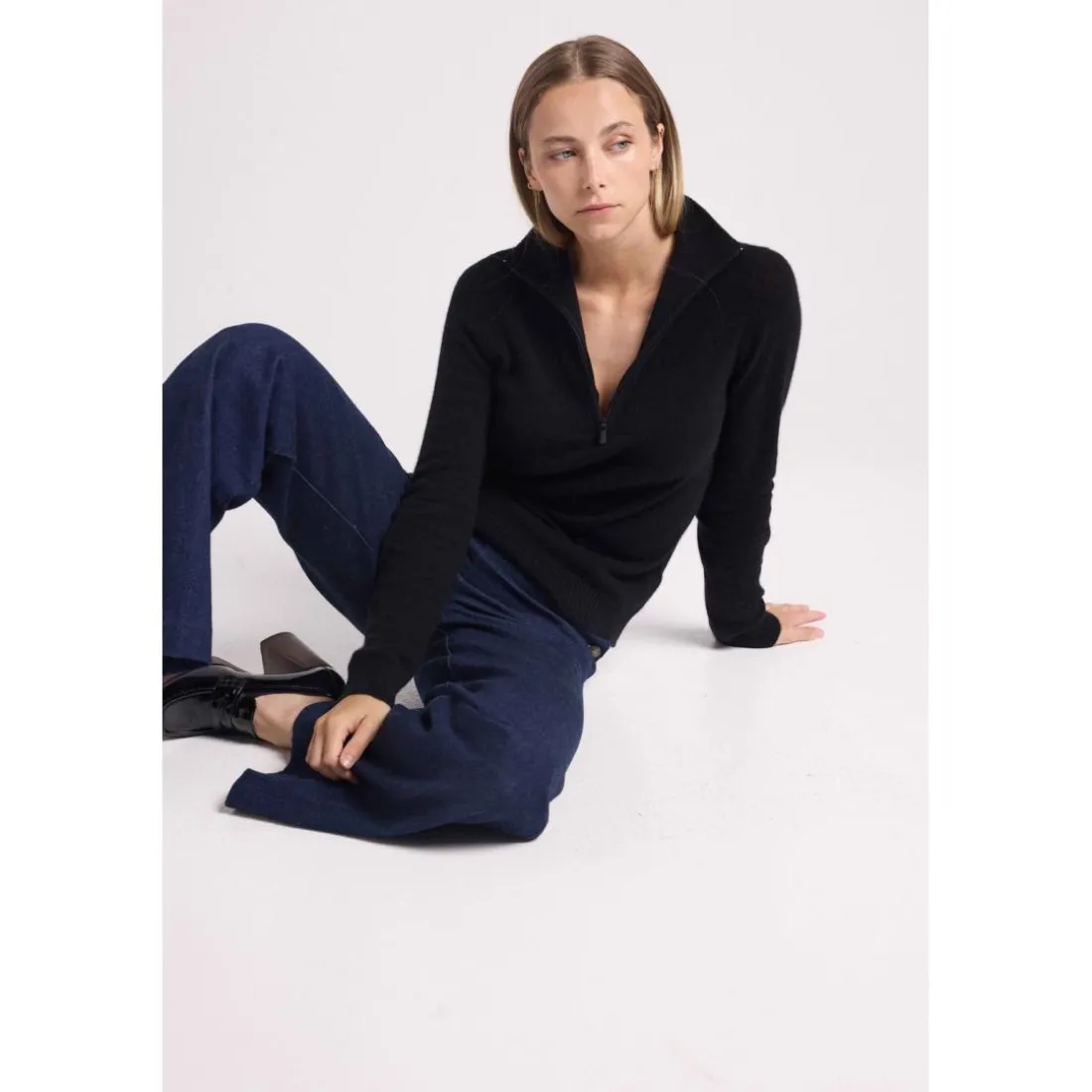 Pull col camioneur zip femme EMILIE en cachemire noir