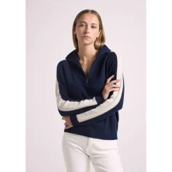 Pull col camioneur zip femme bandes manches points CAROLINE en cachemire bleu marine et blanc