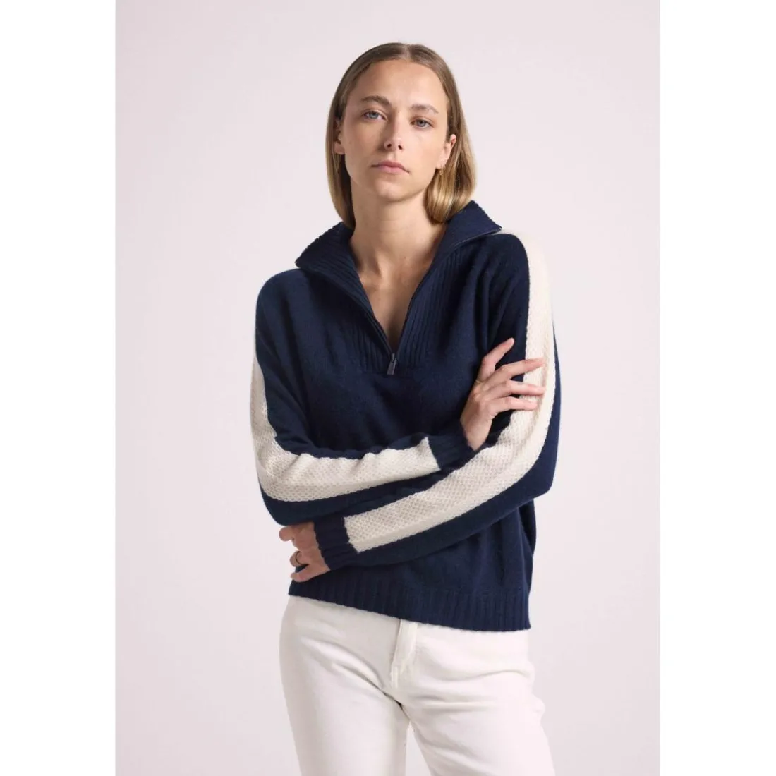 Pull col camioneur zip femme bandes manches points CAROLINE en cachemire bleu marine et blanc